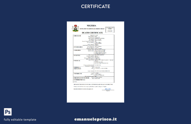 stile verificato Certificato di morte del documento di stato civile della Nigeri